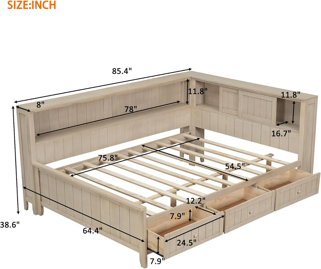 Full Size Corner Bed with 3 Drawers, L-Shaped Daybed with Bookcase and Storage Shelves, Wood Corner Bed Frame with 2 Sliding Doors Storage Cabinets,Antique White