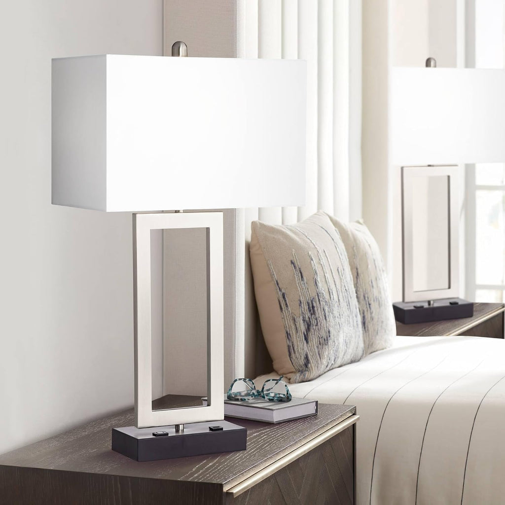 360 Lighting Todd 30' Tall Large Rectangular Modern End Table Lamps Set of 2 USB Port AC Power Outlet Silver Brushed Nickel Finish Metal Living Room Charging Bedroom Bedside Nightstand House