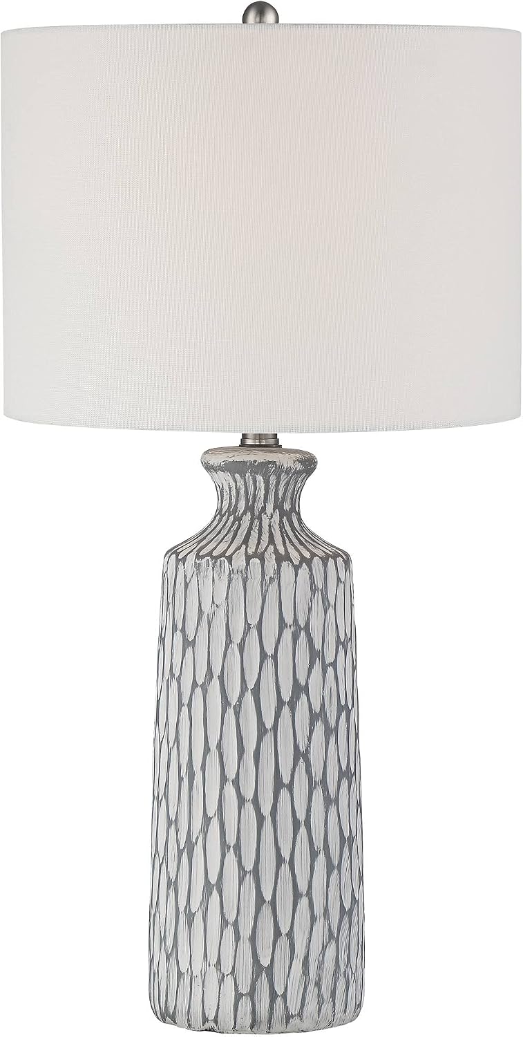 360 Lighting Patrick Modern Coastal Modern Table Lamp 26 1/4' High with USB Dimmer Whitewash Gray Ceramic White Drum Shade for Bedroom Living Room House Desk Bedside Nightstand Office Family
