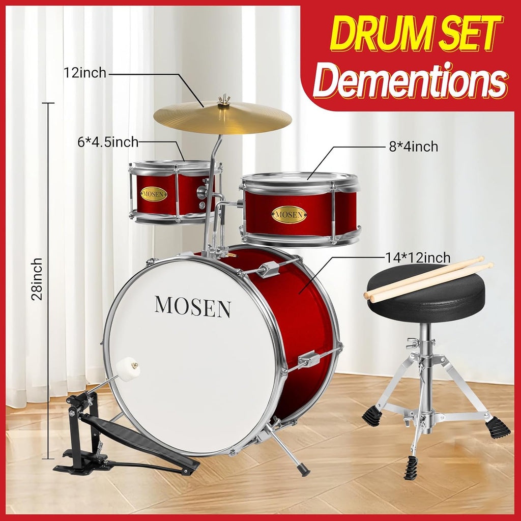 MOSEN Drum Set 3-Piece Beginner Drum Set Junior Drum Kit with Adjustable Throne, Cymbal, Pedal & Drumsticks Drums with Bass Tom Snare Drum - Red