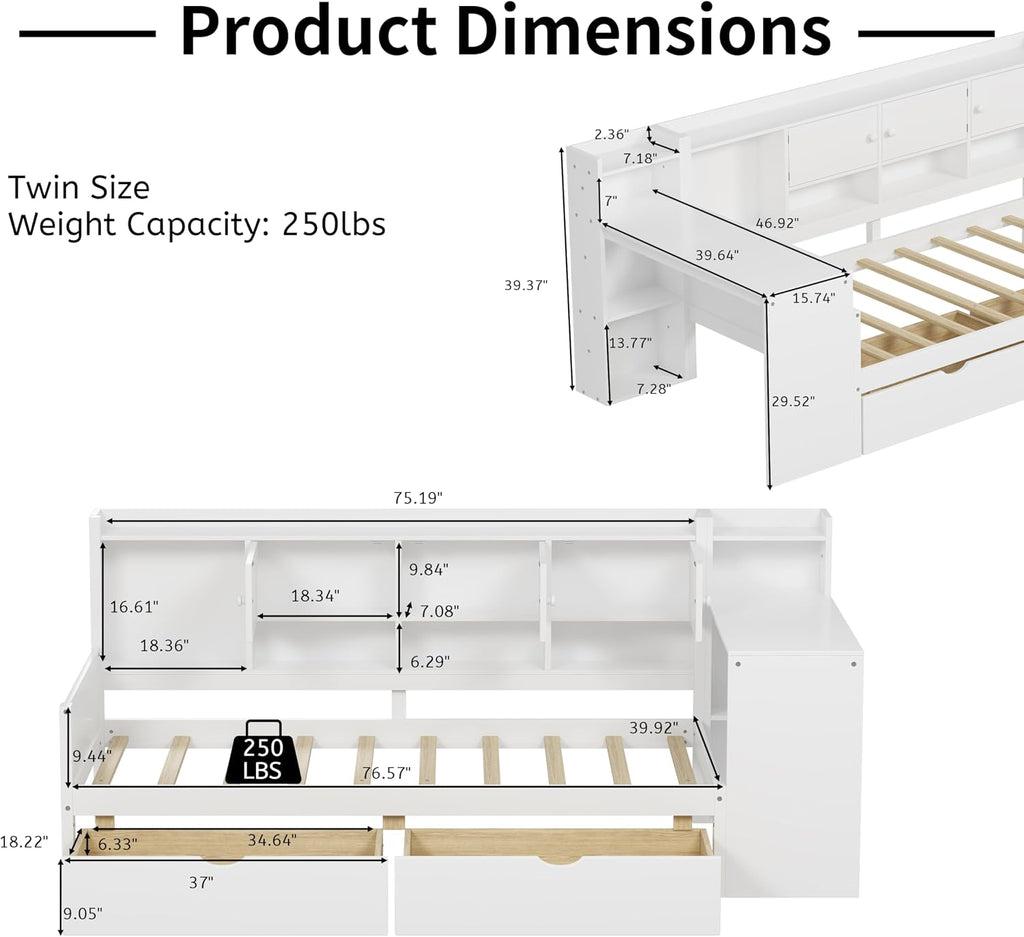 RuiSiSi Twin Size Daybed with Drawers and Shelves, Wood Corner Bed with Bookcase and Desk, L-Shape Daybed Frame with Desk for Kids Teens Adults, White
