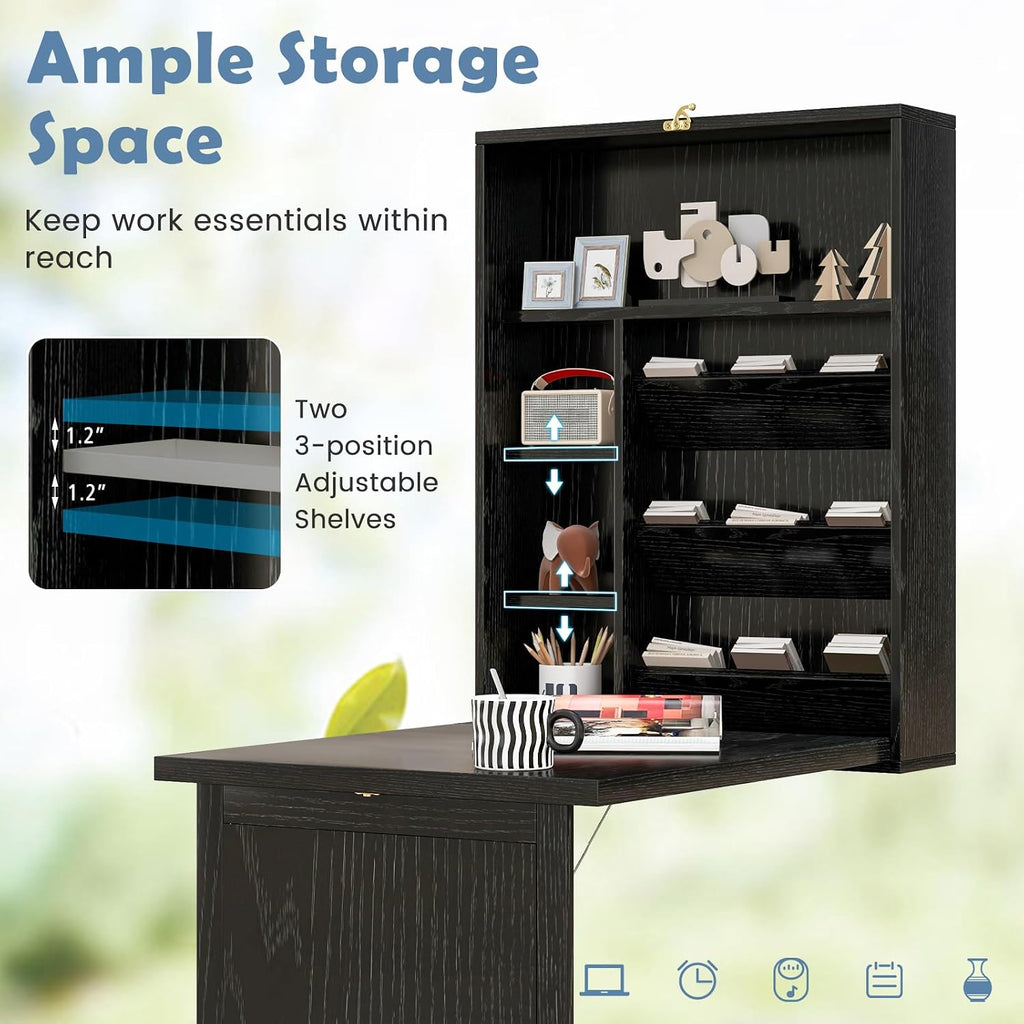 Tangkula Folding Wall Mounted Desk, Convertible Fold Out Floating Table with Storage Shelves, Space-Saving Drop Leaf Table, Murphy Desk for Craft, Study, Small Spaces, Home Office, Dorm, Black