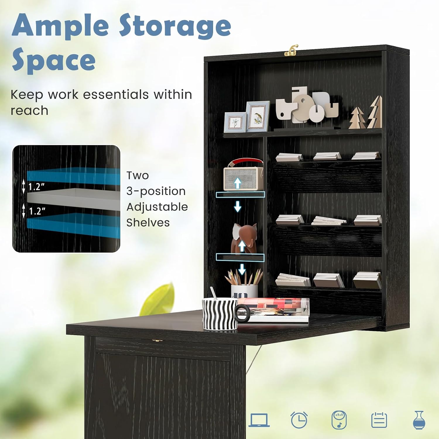 Tangkula Folding Wall Mounted Desk, Convertible Fold Out Floating Table with Storage Shelves, Space-Saving Drop Leaf Table, Murphy Desk for Craft, Study, Small Spaces, Home Office, Dorm, Black
