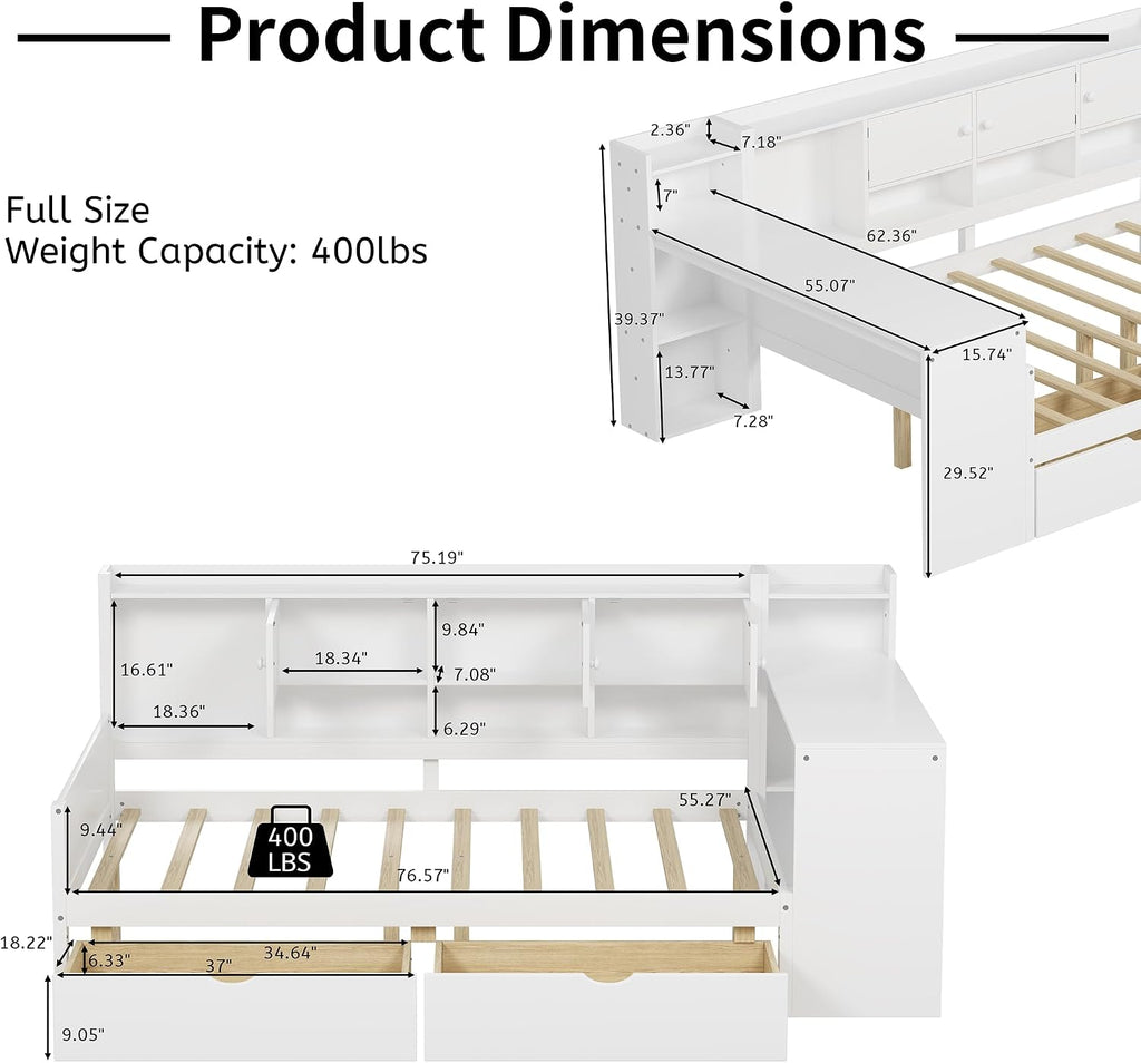 Mirightone Full Bed Frames with Storage, L-Shaped Corner Beds with Desk, Wood Daybed with Bookcase, Platform Beds with Drawers and Shelves for Living Room, Bedroom, Teens Room, White
