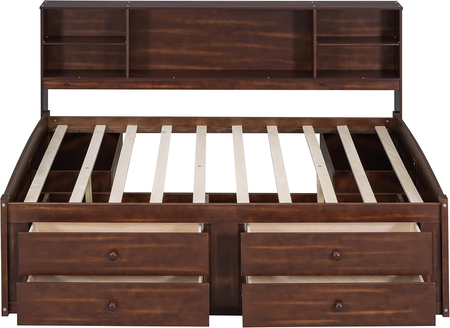 Hanuq Full Size Wooden Captain Bed with Bookcase Headboard | ﻿ Platform Bed with 4 Under-Bed Storage Drawers and Built-in Shelves, No Box Spring Needed, 550 Lbs Weight Capacity