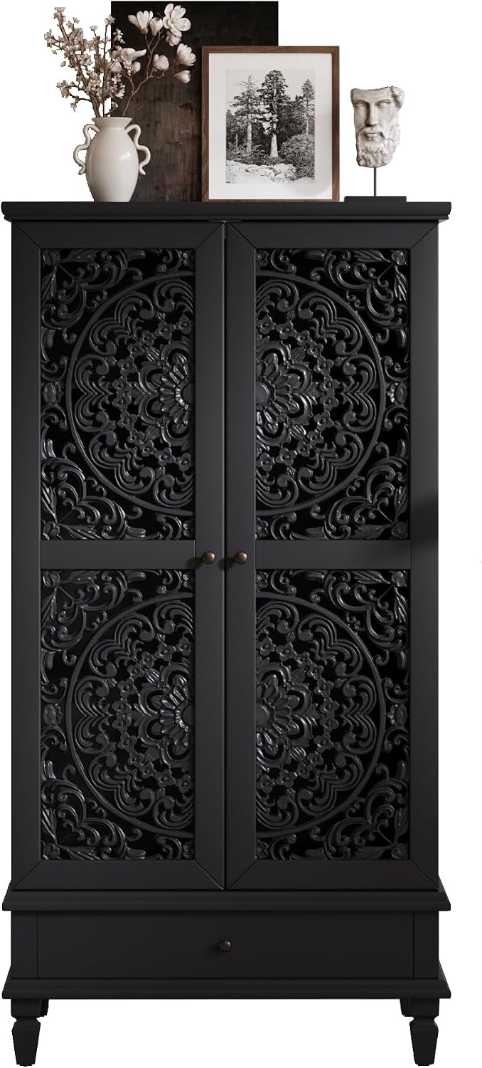 JIJIWANG Rustic 55'' Hollowed-Out Carving Storage Cabinet with 2 Doors and Shelves,French Wood Accent Cabinet with Distressed Finish,Buffet & Sideboard for Living Room,Entryway,Bedroom,Black