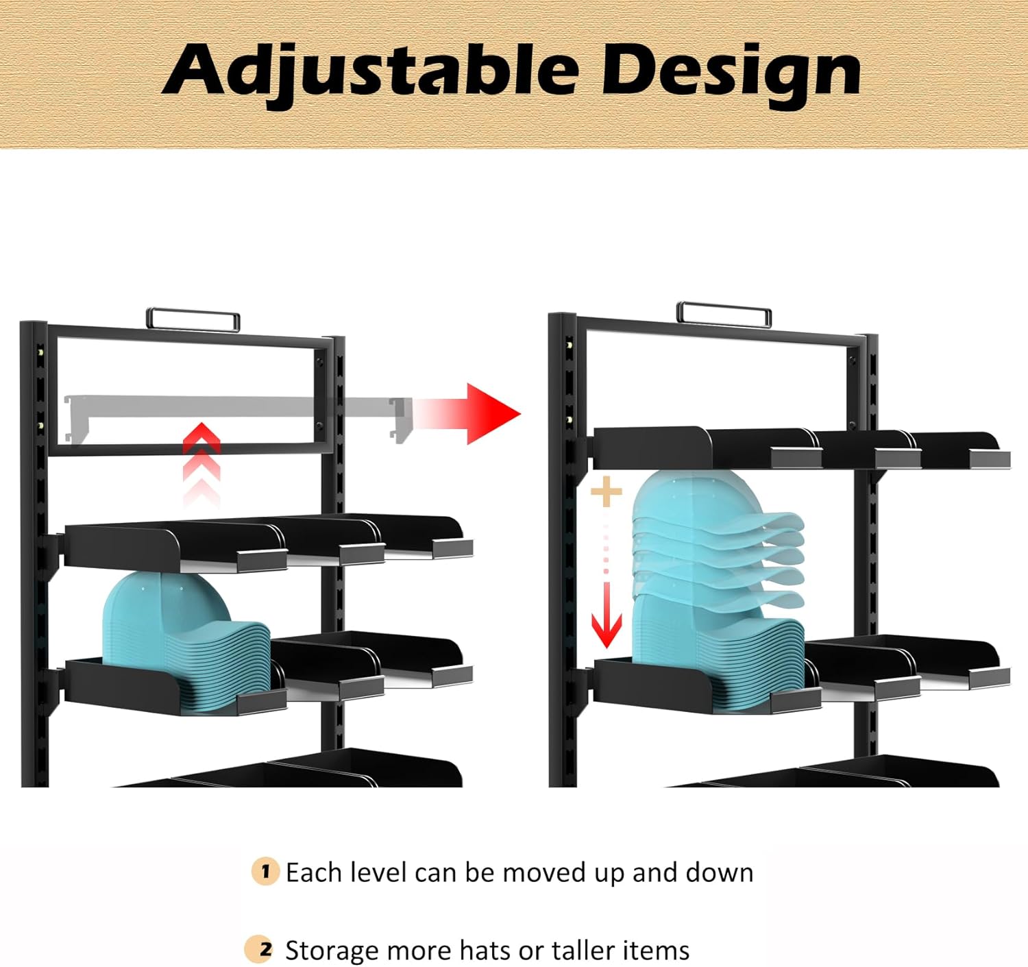 Large Hat Rack Stand - 6 Tier Adjustable Ball Cap Storage Organizer With 18 Plate Tray for 180 Baseball Hat,Standing Coat Rack, Commercial Home Use, Black Metal Shelving