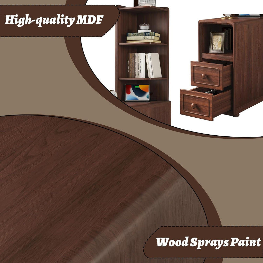 Mirightone Wood End Table Corner Side Table with Drawers & Open Shelves, Tall Sofa Side Table, Narrow Tables Bedside Table Nightstands with Charging Station for Living Room, Bedroom (Walnut)