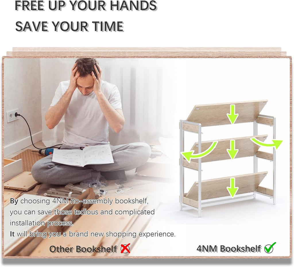 4NM Extra Wdie No Assembly Folding Bookshelf, 34' H x 30.9' W, 3 Tier Collapsible Book Shelf Bookcase Foldable Shelves for Bedroom Living Room Home Office - Cloud Oak & White