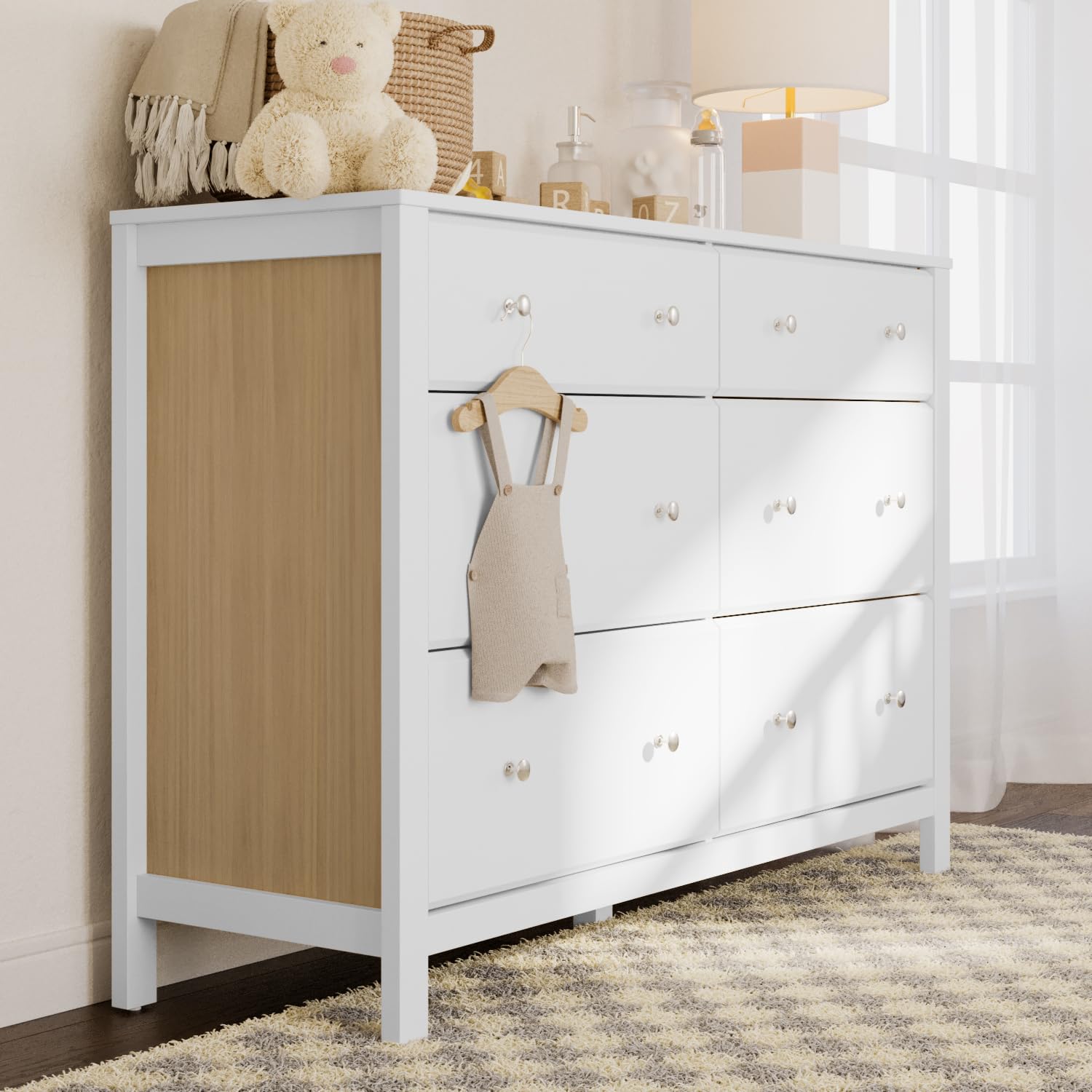 Storkcraft Horizon 6 Drawer Dresser (White with Driftwood) – GREENGUARD Gold Certified Dresser for Nursery & Kids' Room, Modern Storage with Interlocking Drawer System