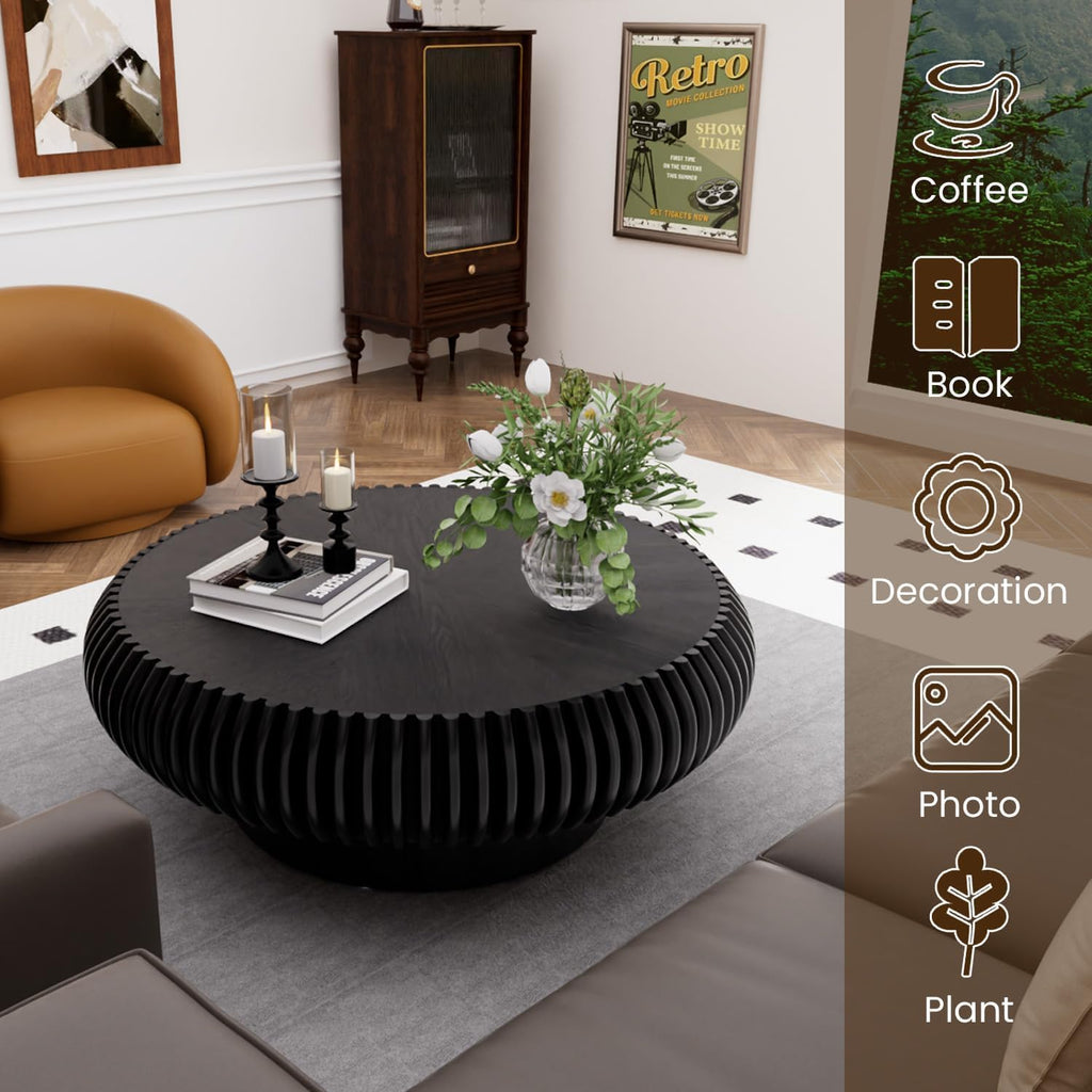 31.5' Drum Coffee Table Modern Unique Fluted Tea Table Contemporary Wood Round Coffee Table with Fluted Centry Table for Living Room Walnut (31.5' Black)