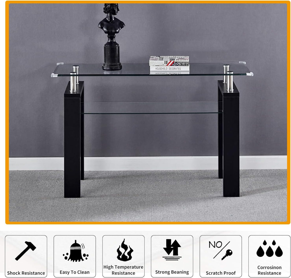 47' Glass 2-Tier Console Table, Modern Rectangle Sofa Table with Metal Frame and Tempered Glass Shelf, Accent Narrow Table for Entryway Living Room, Bedroom