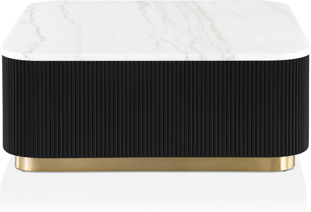 Furniture of America Beryl Modern Square White Genuine Marble Top Coffee Table with Fluted Pedestal Base and Gold Stainless Steel Accent, Low Profile Table for Living Room, Home Office, Black