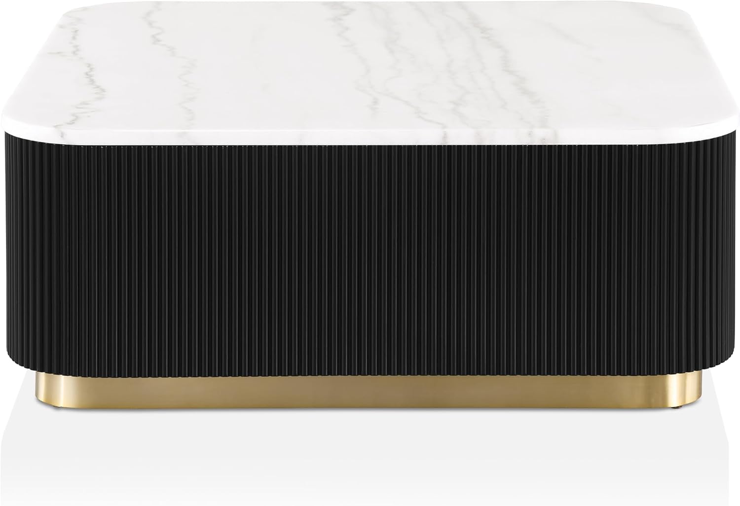 Furniture of America Beryl Modern Square White Genuine Marble Top Coffee Table with Fluted Pedestal Base and Gold Stainless Steel Accent, Low Profile Table for Living Room, Home Office, Black