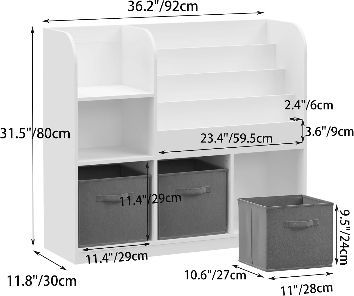 Bookcase and Storage Organizer with 3 Fabric Drawers – Wooden Bookshelf Display Rack for Toddlers and Children, Reading Corner Storage Shelf for Bedroom, Playroom, Nursery, Grey