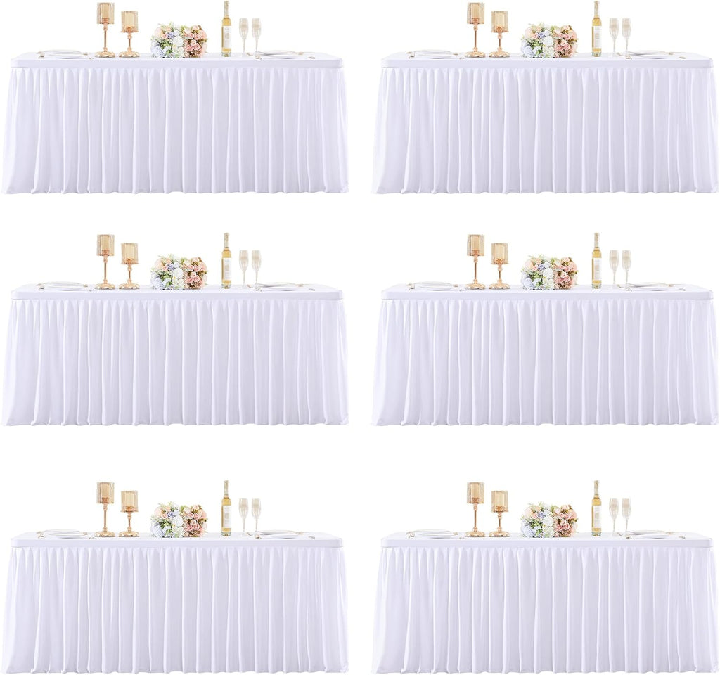6 Packs White Tableclothes for 6 Foot Rectangle Tables, Wrinkle Free Fitted Table Cloth 6ft Stretch Table Cover with Skirt for Parties Weddings Birthday Banquet Baby Shower