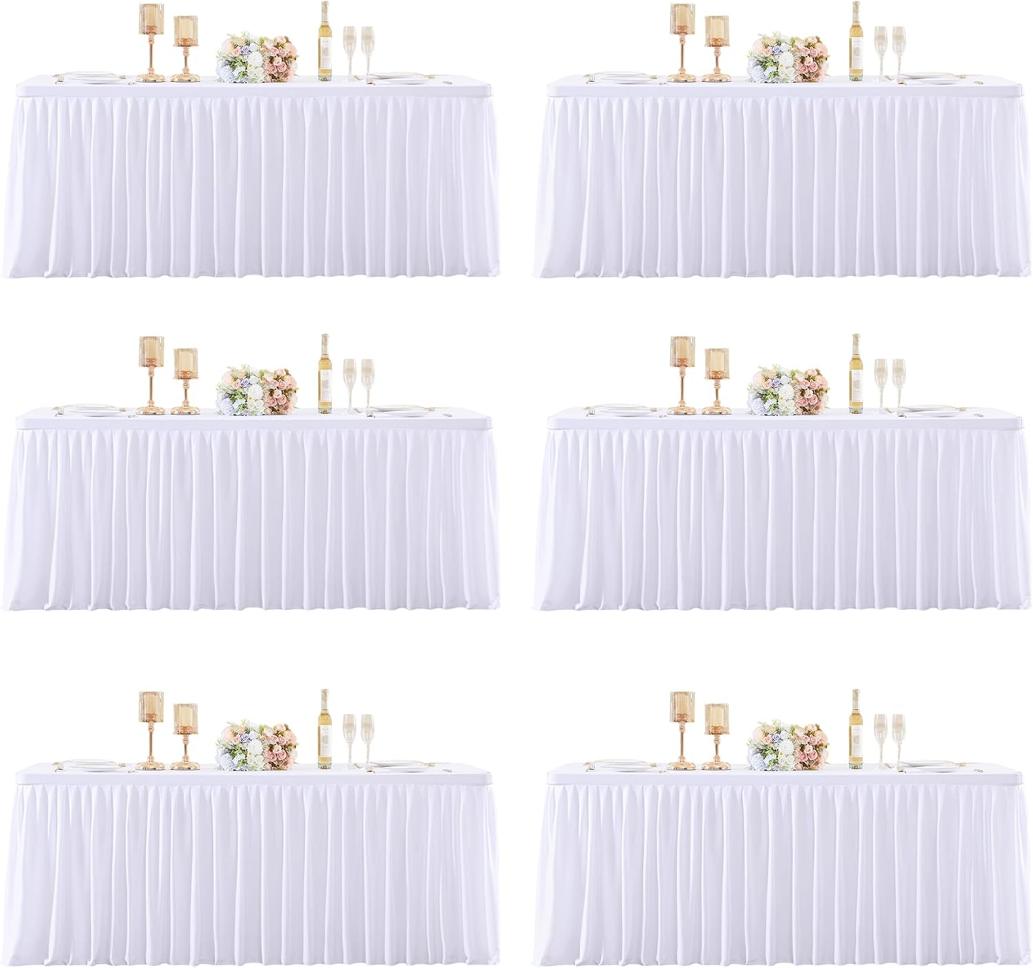 6 Packs White Tableclothes for 8 Foot Rectangle Tables, Wrinkle Free Fitted Table Cloth 8ft Stretch Table Cover with Skirt for Parties Weddings Birthday Banquet Baby Shower
