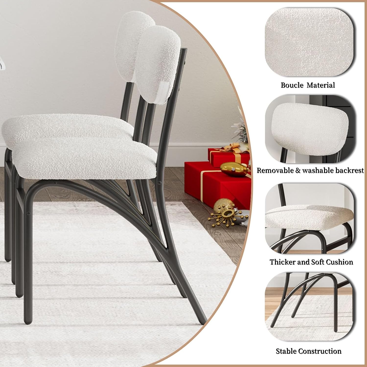 GarveeHome Beige Dining Chairs Set of 4, Boucle Upholstered Kitchen Chair, Modern Dining Chairs with Metal Legs for Living Room, Dining Room, Kitchen,4 Lambswool Fabric Beige Chairs