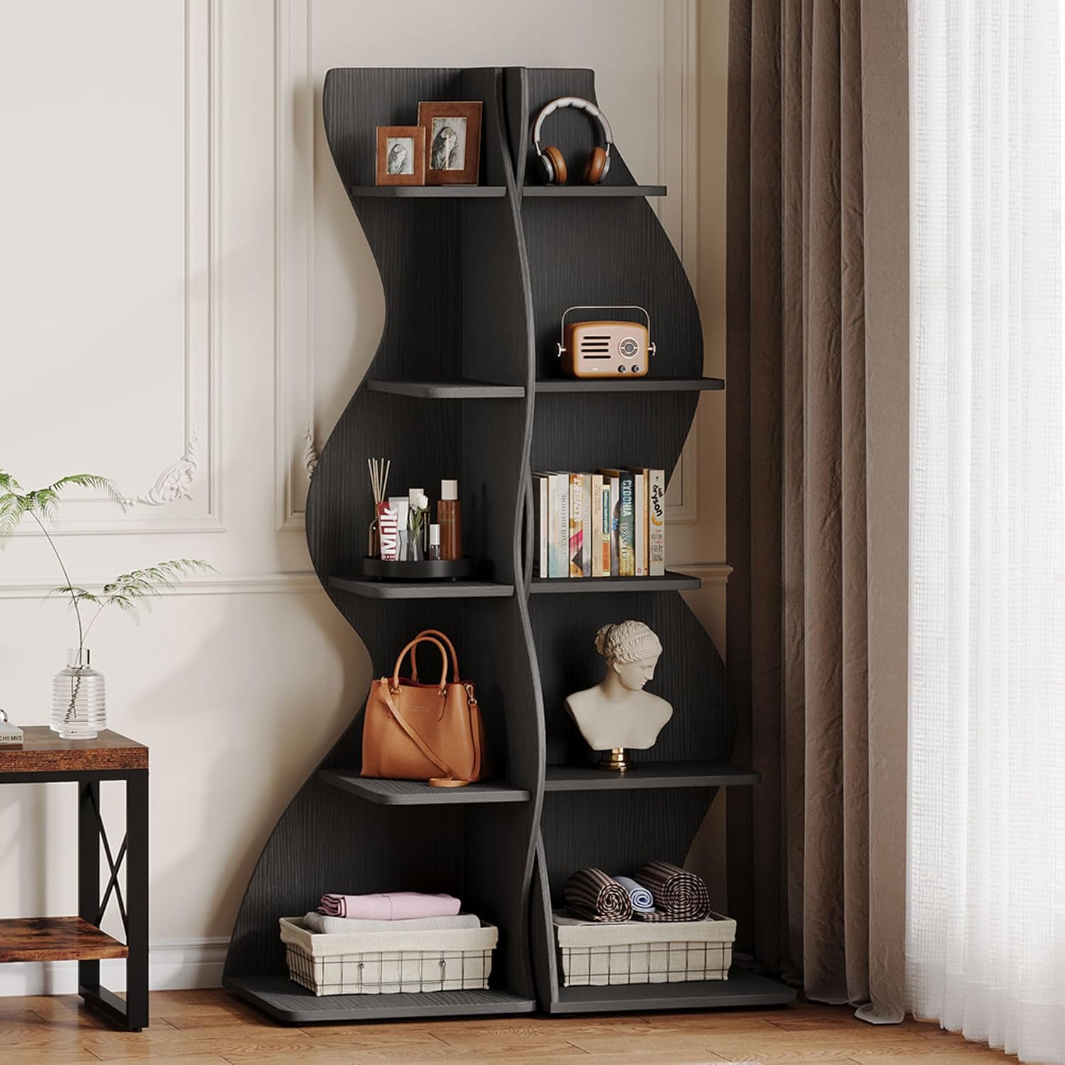 Tribesigns Wavy Corner Shelf Set of 2, Modern 5-Tier Bookshelf Etagere Bookcase with Curvy Shape, Unique Plant Stand Display Shelf for Living Room Small Space (Black)