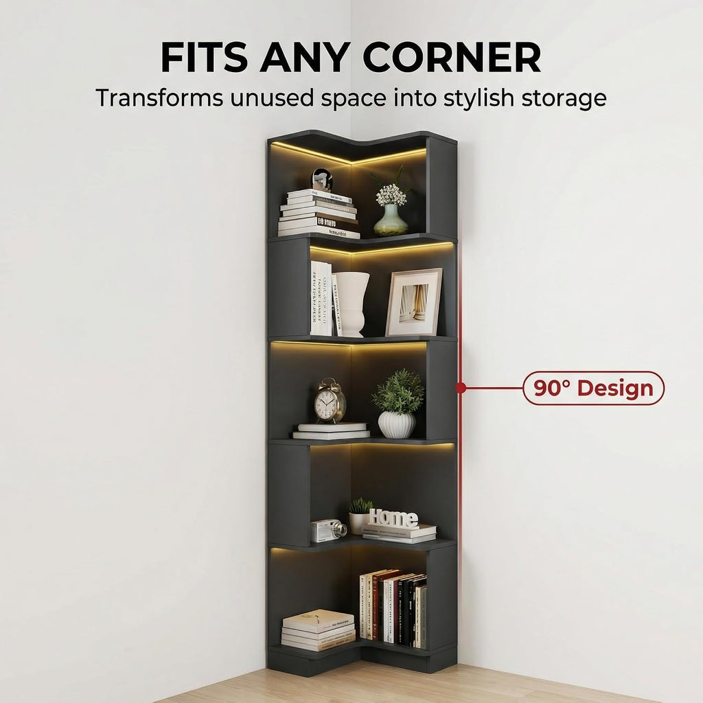 Corner Bookshelf, 5 Tier Tall Corner Bookcase with LED Lights, Freestanding L Shaped Open Display Shelf for Living Room, Bedroom, Home Office (Black)