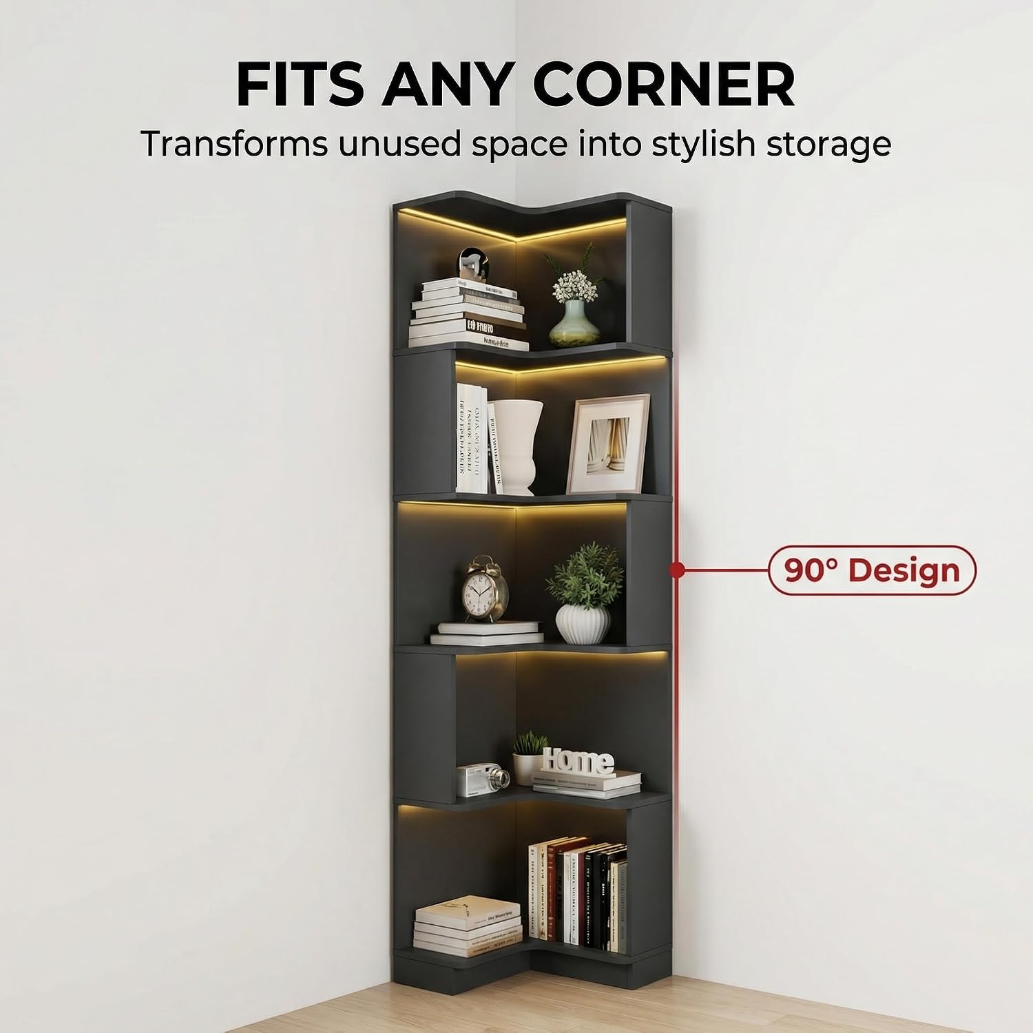 Corner Bookshelf, 5 Tier Tall Corner Bookcase with LED Lights, Freestanding L Shaped Open Display Shelf for Living Room, Bedroom, Home Office (Black)