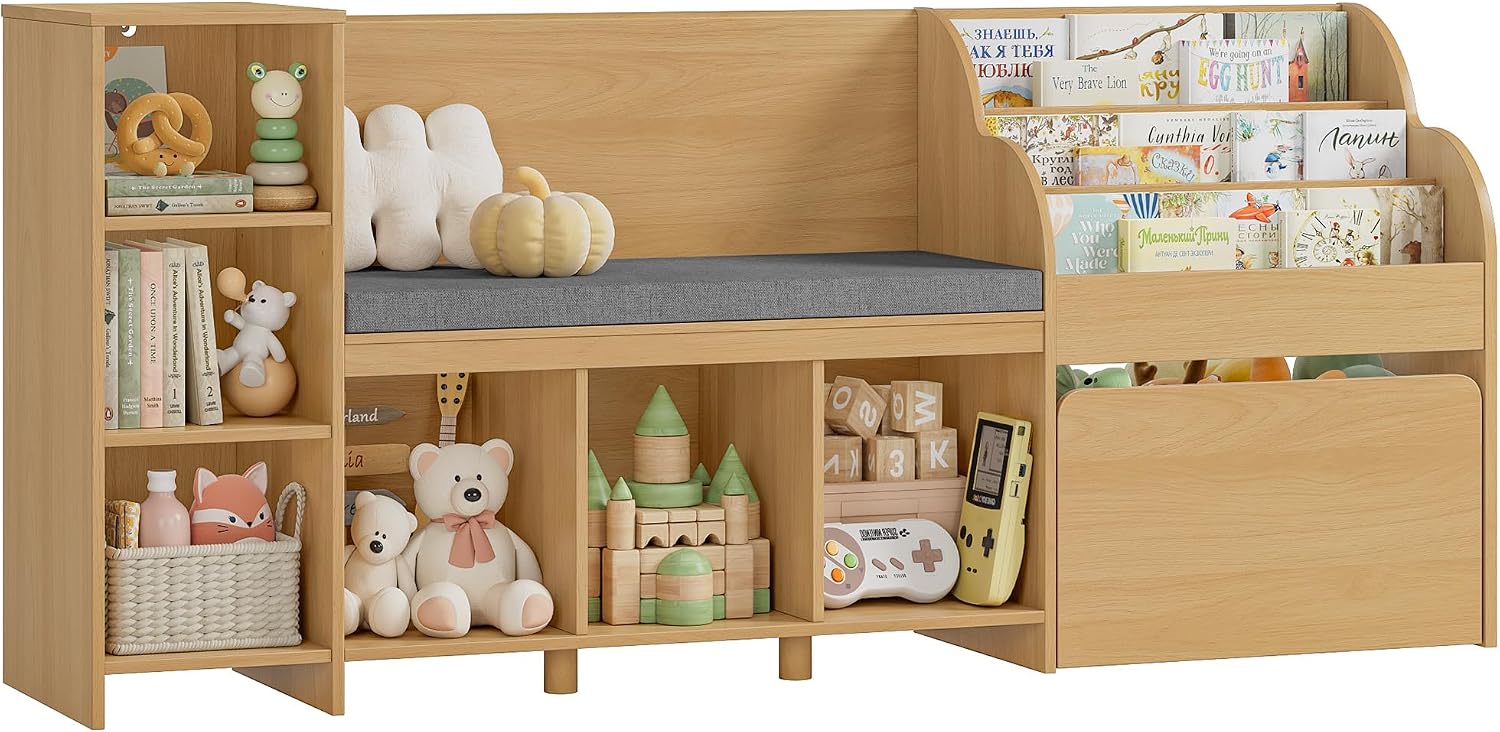 HOSTACK 67' W Kids Reading Nook with Toy Storage Organizer, Large Kids Bookshelf with Toy Storage Box on Wheels, Big Kid Bookcase with Bench and 6 Open Cubbies for Playroom, Kid Room, Natural Oak