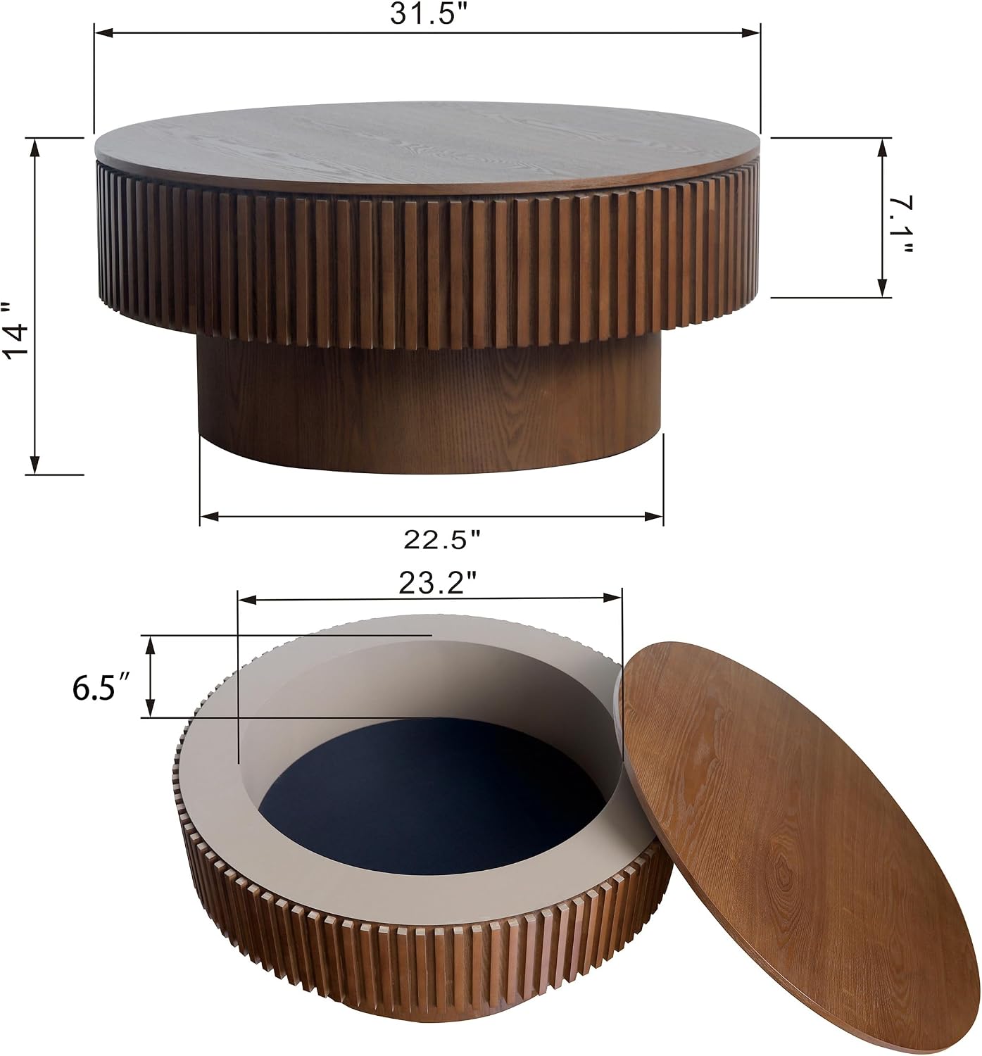 JUSTONE 31.5' Round Coffee Table,Farmhouse Wood Coffee Table with Storage for LivingRoom,Apartment,Office,Walnut