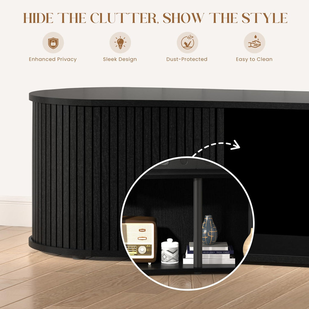 TV Stand and Coffee Table Set of 3, Living Room Table Set Fluted End Table & Coffee Table & 59' Low TV Stand with Sliding Doors for Living Room, Bedroom, No Screws Ultra Fast Assembly, Black