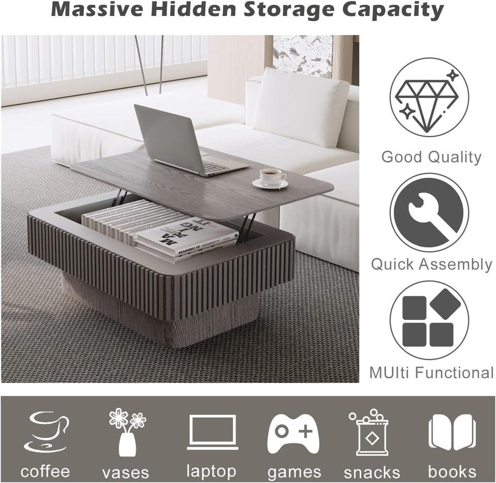 Lift Coffee Table with Storage & Adjustable Height, Rectangle Solid Wood Coffee Table Fluted Center Table Accent Tea Table or Living Room, Apartment, Office (38.6' Grey)