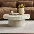 WILLIAMSPACE 31.69' Round Coffee Table with Faux Mars Pattern for Living Room, Modern Fiberglass Circle Travertine Center Table with Base, Faux Stone Tea Table for Apartment, No Need Assembly (Beige)