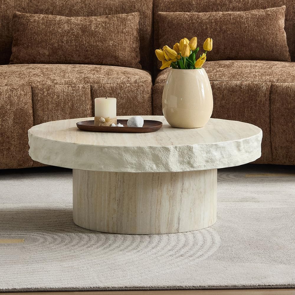 WILLIAMSPACE 31.69' Round Coffee Table with Faux Mars Pattern for Living Room, Modern Fiberglass Circle Travertine Center Table with Base, Faux Stone Tea Table for Apartment, No Need Assembly (Beige)