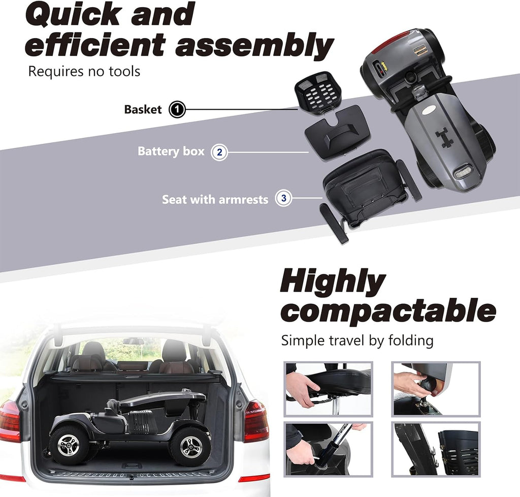 Mobility Scooters for Seniors & Adults 400 Lb Weight All Terrain,Heavy Duty 4-Wheel Powered Scooter,Foldable Mobile Disability Electric Wheelchair,Luxury Seat and Front Rear Led Lights,Black