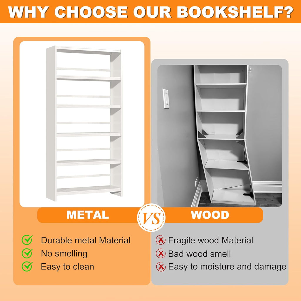 VASAAOSD 5 Tier Book Shelf, 69.3' Tall White Bookshelves, Open Metal Bookshelf, Toolless Assembly White Shelves for Home Office, Living Room, Study