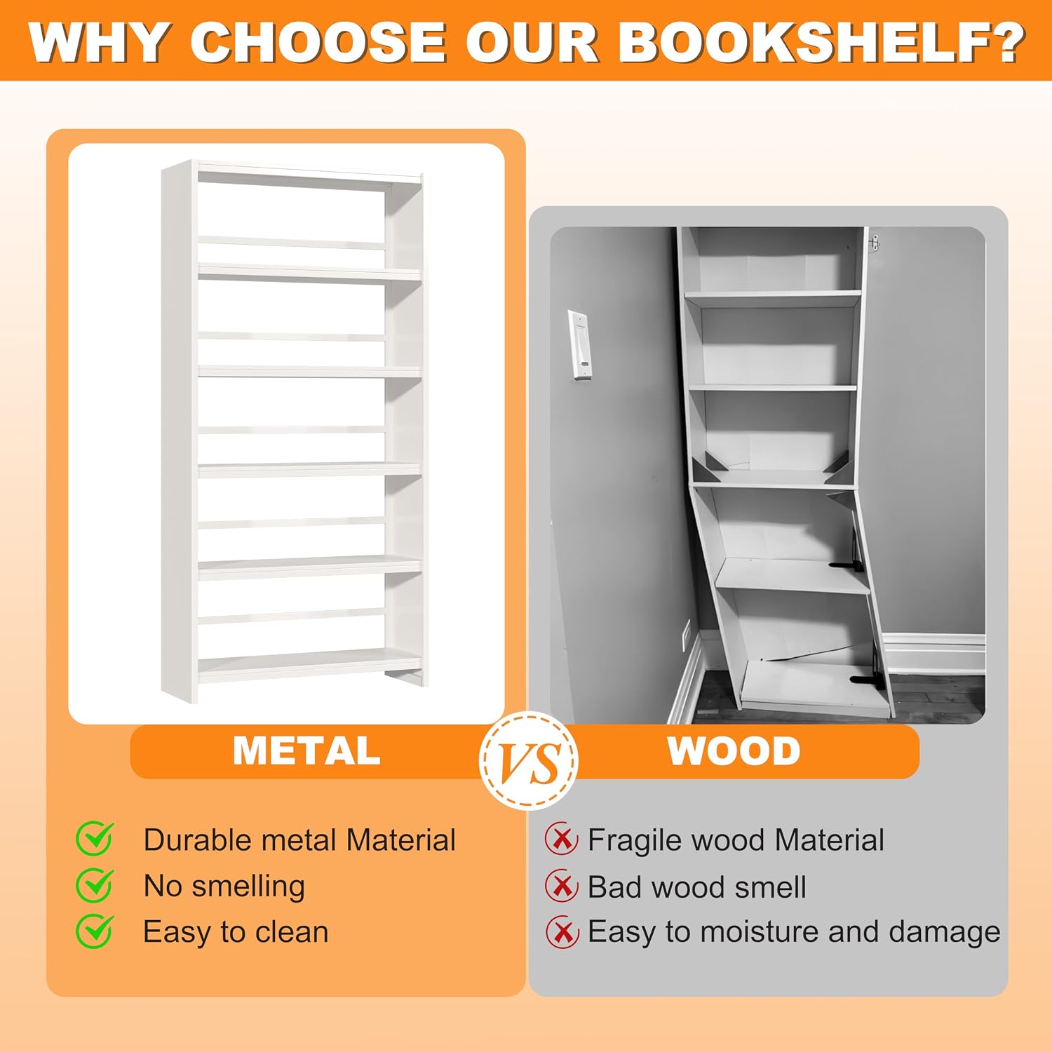 VASAAOSD 5 Tier Book Shelf, 69.3' Tall White Bookshelves, Open Metal Bookshelf, Toolless Assembly White Shelves for Home Office, Living Room, Study