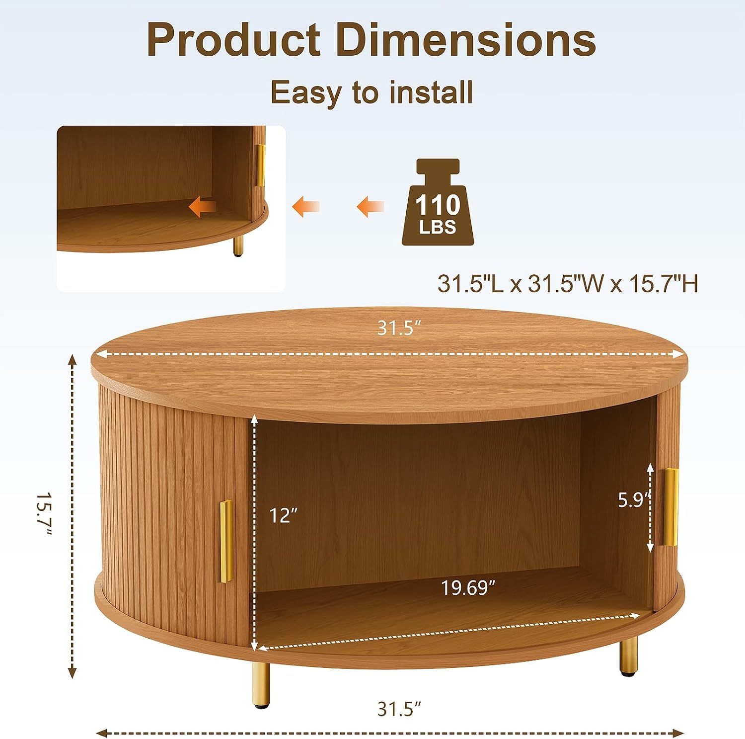 DHH Round Coffee Table, 31.5' Mid Century Modern Coffee Table with 360° Sliding Tambour Door, Fluted Accent Coffee Table with Storage,Adjustable Footpads for Living Room, Yellow Walnut