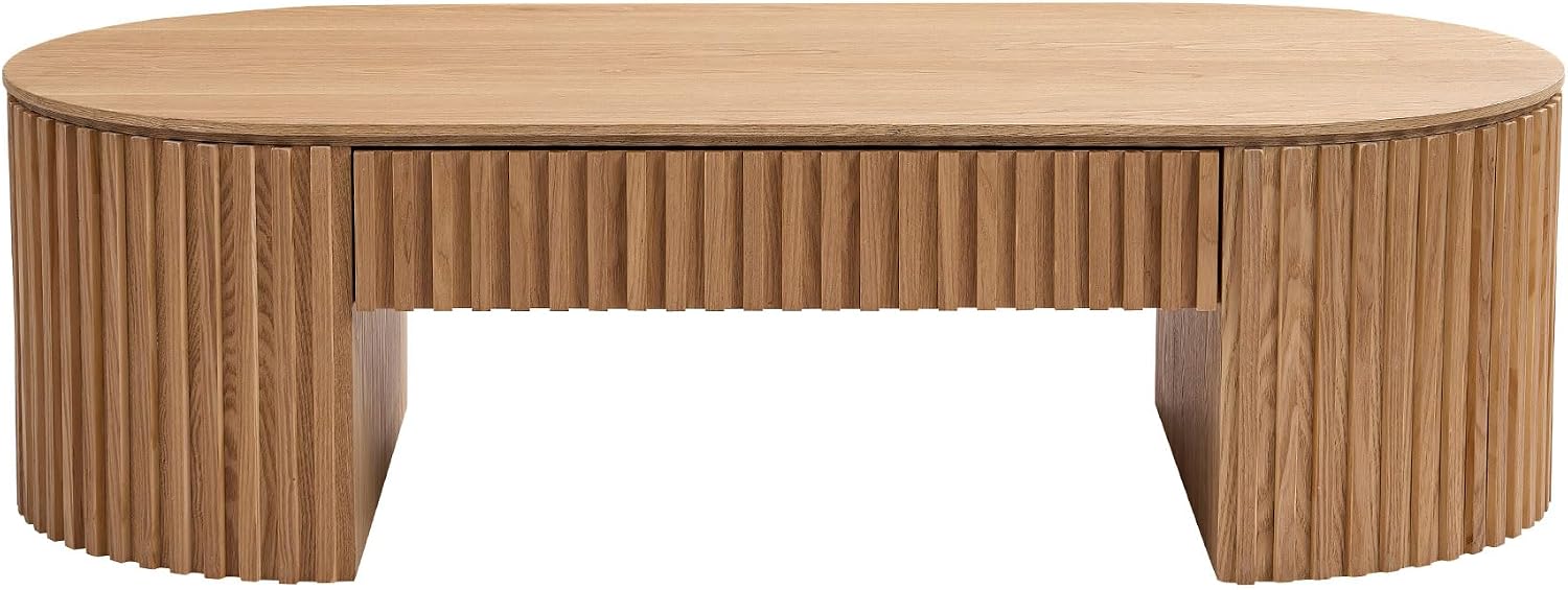 JUSTONE 51.18'' Oval Wood Coffee Table with Drawer, Farmhouse Wood Coffee Table for Living Room,Apartment(Oak)