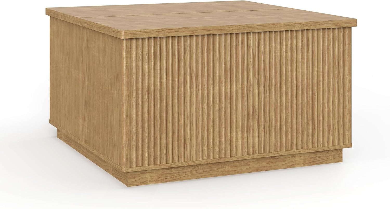 Fluted Coffee Table with Lifting Top, 31.5' Square Coffee Table with Storage, Mid Century Modern Center Table for Living Room, Home Office, Natural Oak