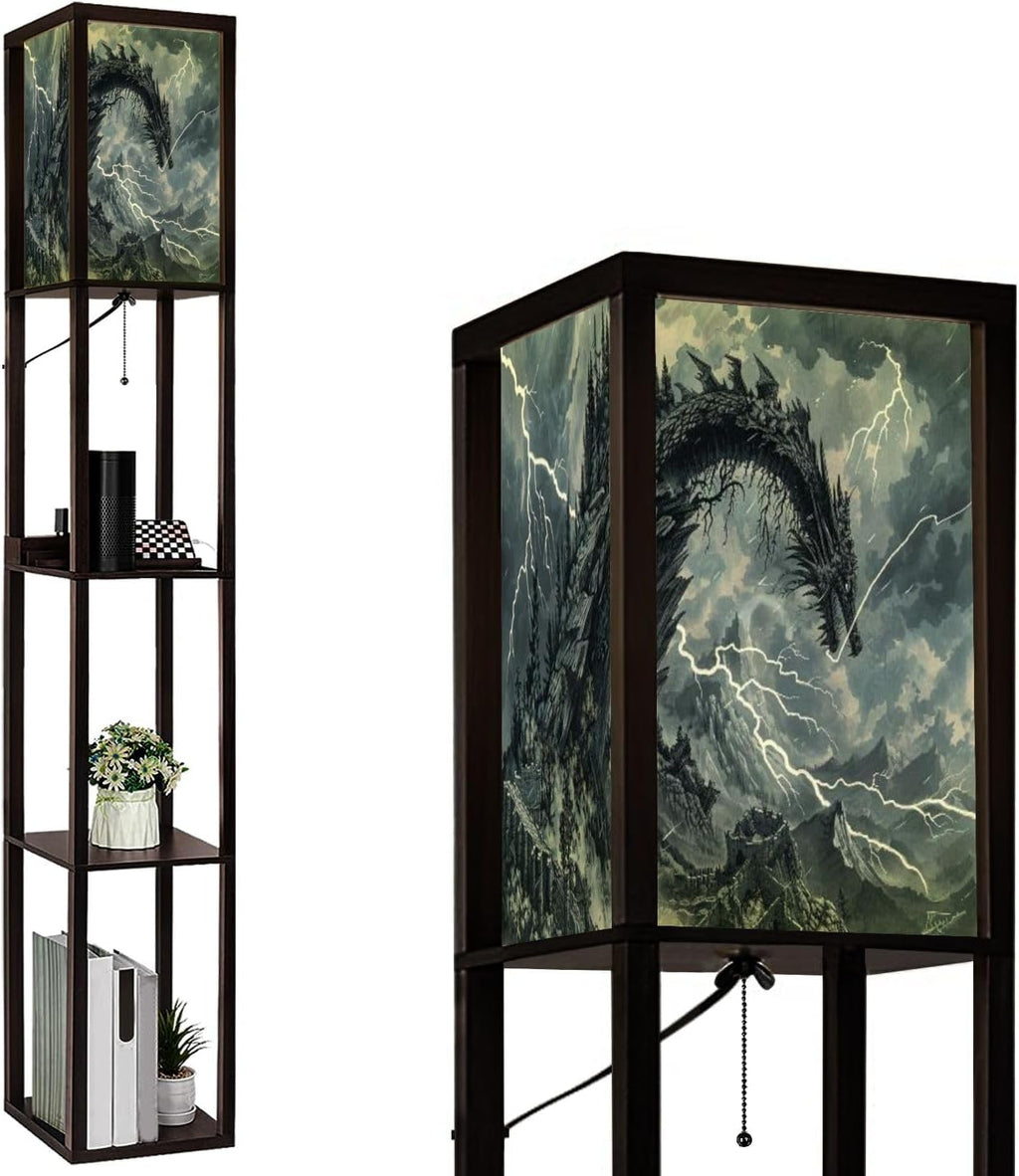Floor Lamp with Shelves Dragon Shaped Crag Ruined Fortress Monochromatic Art Standing Tall Lamp USB Ports & Power Outlet Modern Corner Lamp Nightstand Light for Living Room Bedroom