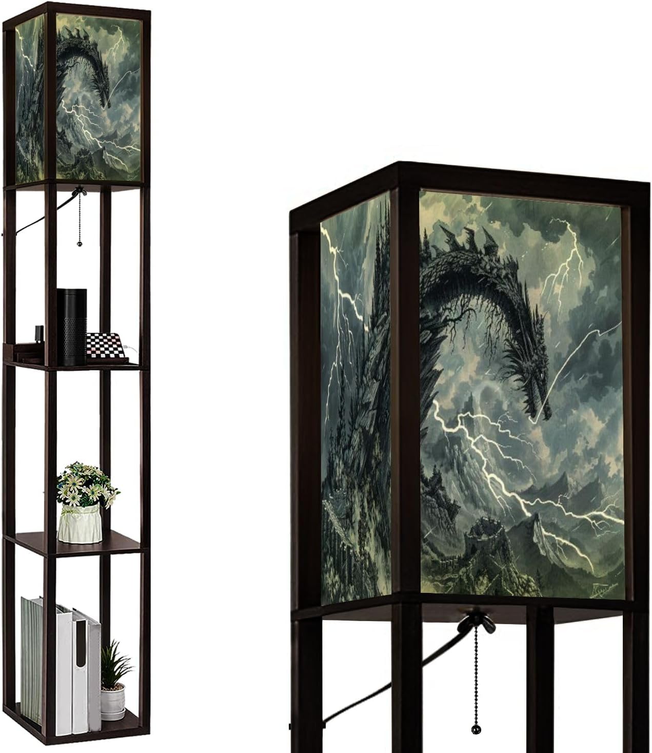Floor Lamp with Shelves Dragon Shaped Crag Ruined Fortress Monochromatic Art Standing Tall Lamp USB Ports & Power Outlet Modern Corner Lamp Nightstand Light for Living Room Bedroom