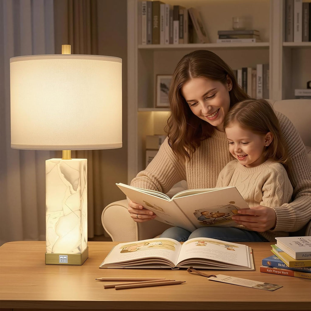 Scenekoy 23' Alabaster Table Lamps Set of 2 for Living Room Bedroom, Bedside Lamps with USB A+C Ports, Modern Table Lamp with Linen Shade for Living Room Bedroom Nightstand (Bulbs Included)