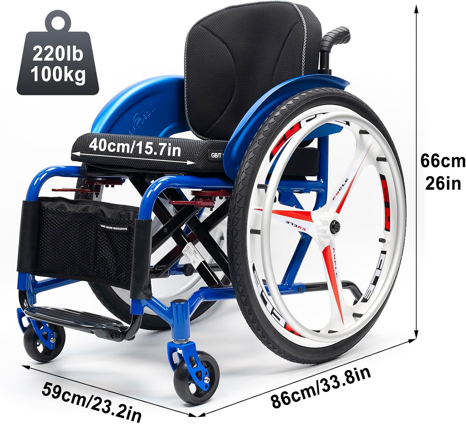 Lightweight Aluminum Alloy Wheelchair,Sports Wheelchair,Self-propelled Portable Manual Wheel Chair,Folding Transport Wheelchair,with Handbrakes and Quick Release Rear Wheels(Hard Backrest,40cm/15.7in)