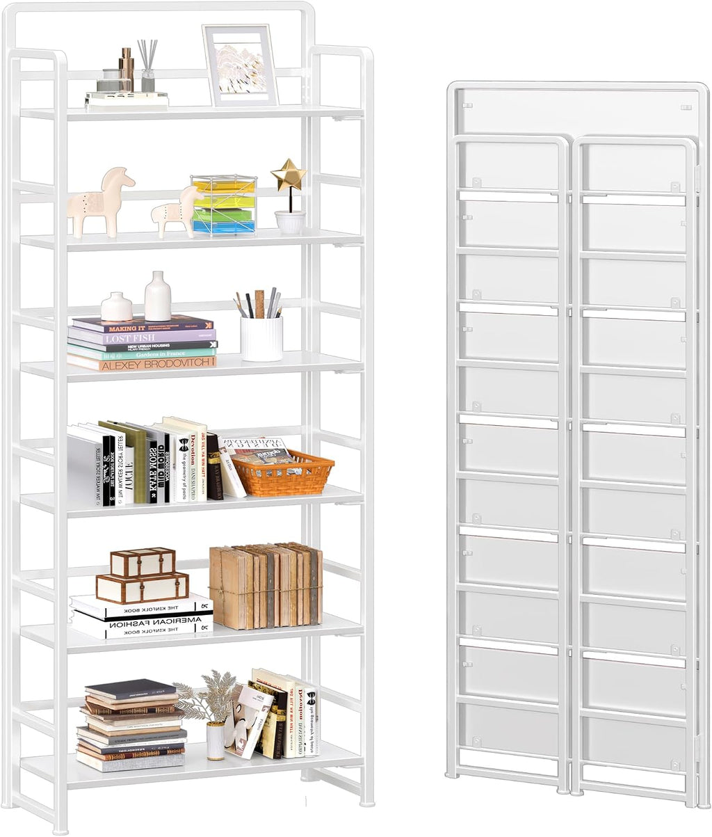 4NM No Assembly 6 Tiers Folding Bookshelf Storage Shelves Vintage Bookcase Standing Racks Study Organizer Home Office (All White)
