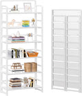 4NM No Assembly 6 Tiers Folding Bookshelf Storage Shelves Vintage Bookcase Standing Racks Study Organizer Home Office (All White)