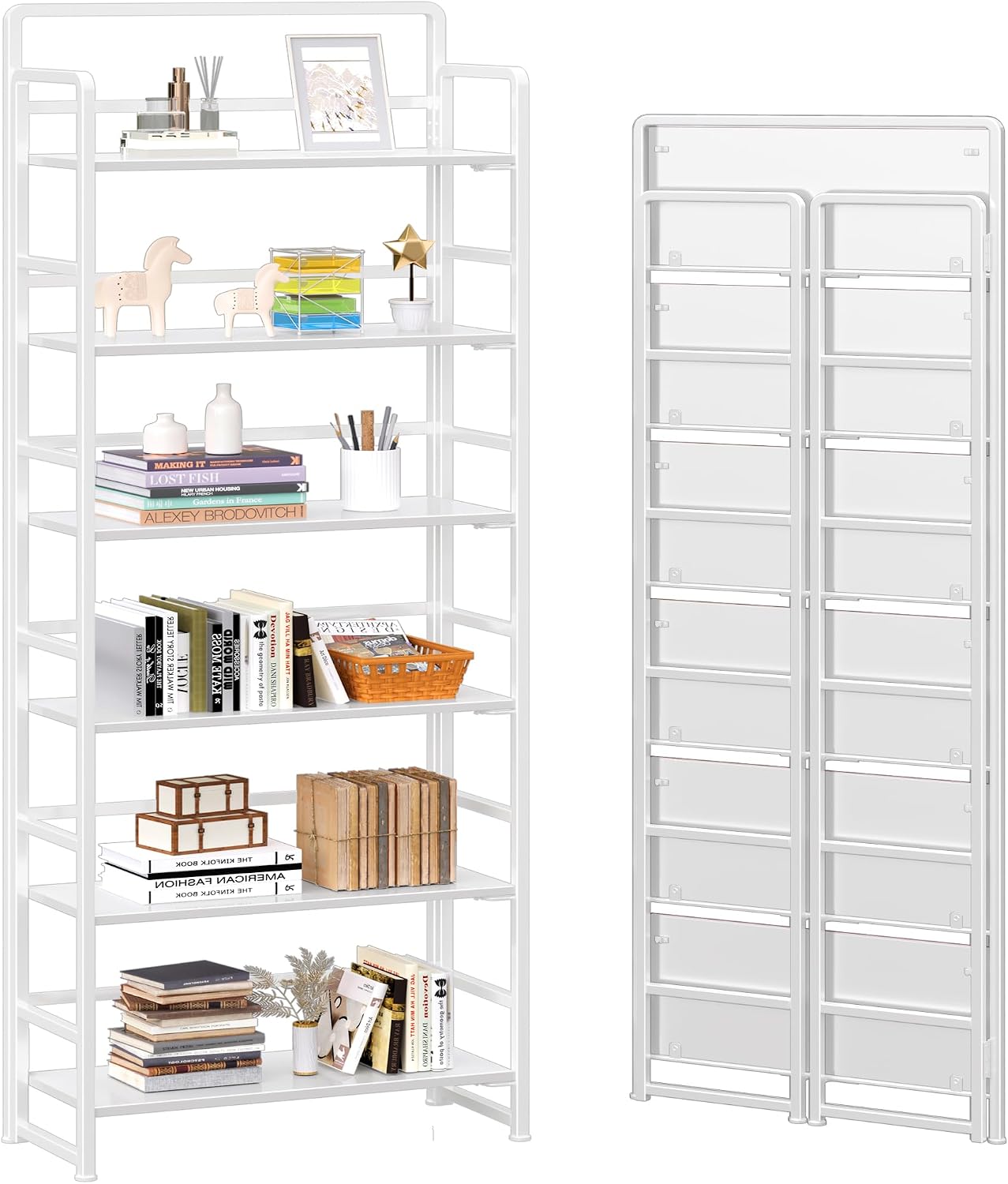 4NM No Assembly 6 Tiers Folding Bookshelf Storage Shelves Vintage Bookcase Standing Racks Study Organizer Home Office (All White)