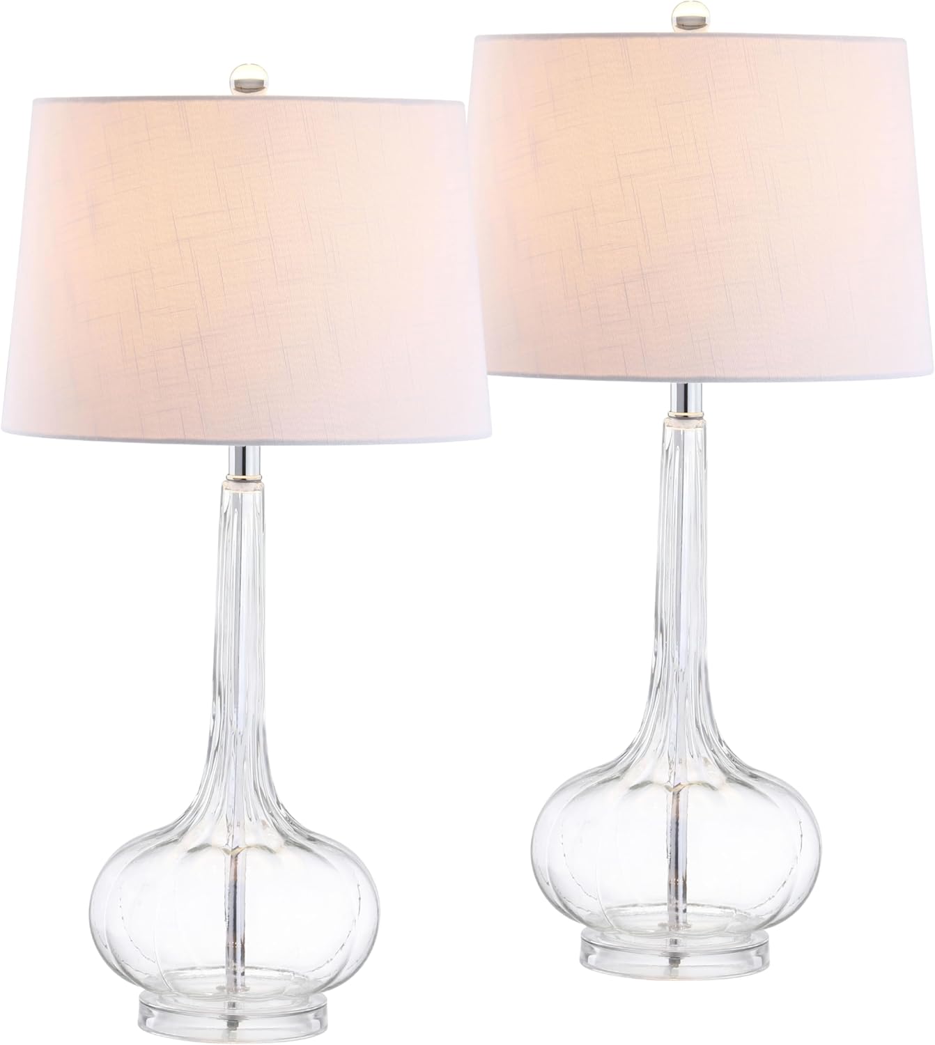 JONATHAN Y 28.5' Clear Glass Teardrop LED Table Lamp Set of 2 for Living Room Bedroom Nightstand, White Linen Shade Modern Transitional Bedside Desk Lamp (JYL1079C-SET2)