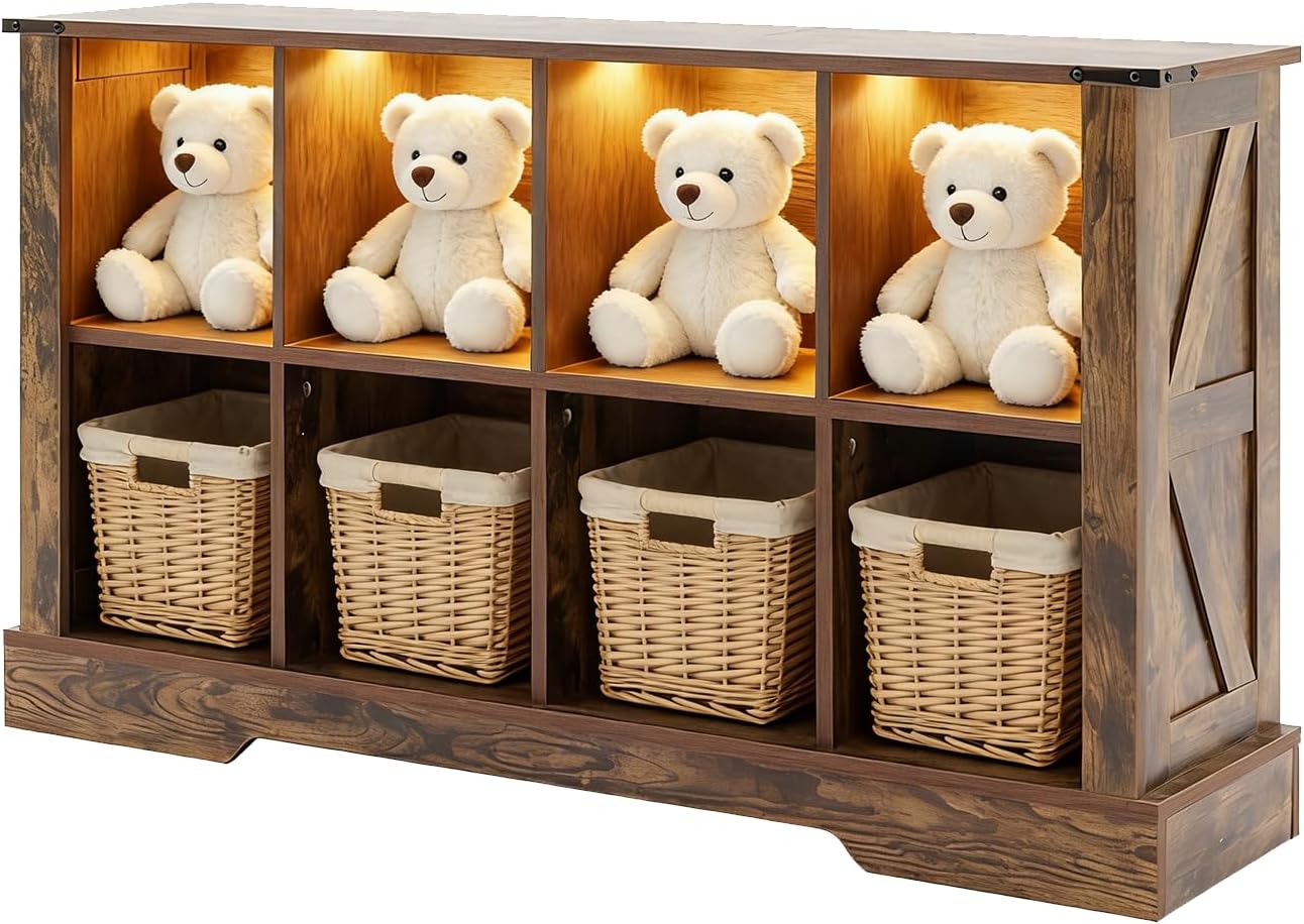 8 Cube Bookcase, Wooden Cube Storage Organizer Shelf, Brown Horizontal Book Shelf with LED Lights, Freestanding Display Cabinet for Living Room, Bedroom, Home Office