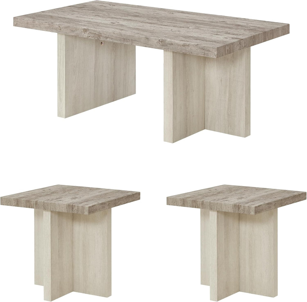 Roundhill Furniture Mchome 3-Piece Coffee Table Set, Coffee Table and Two End Tables, Weathered Gray and Beige