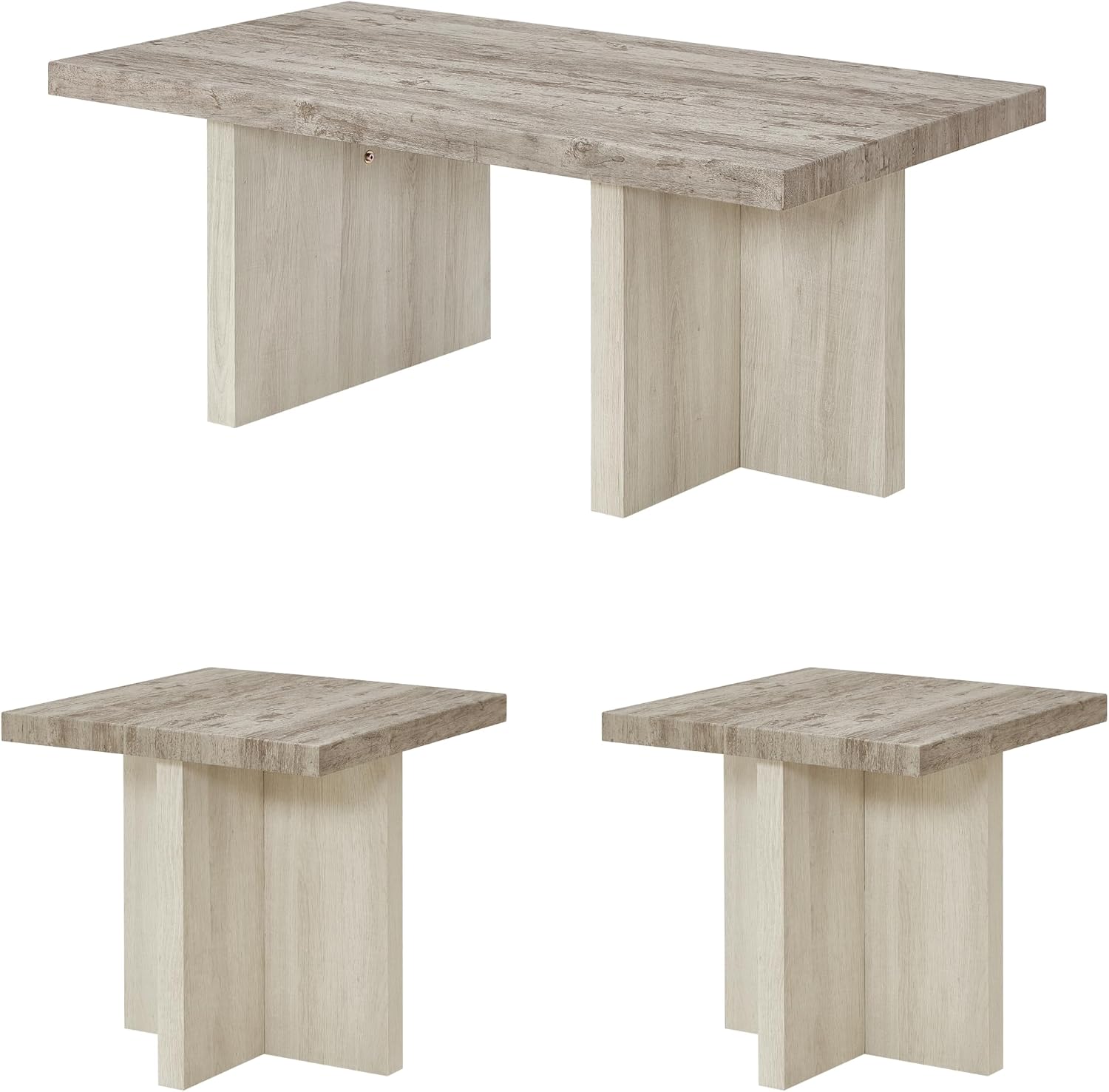 Roundhill Furniture Mchome 3-Piece Coffee Table Set, Coffee Table and Two End Tables, Weathered Gray and Beige