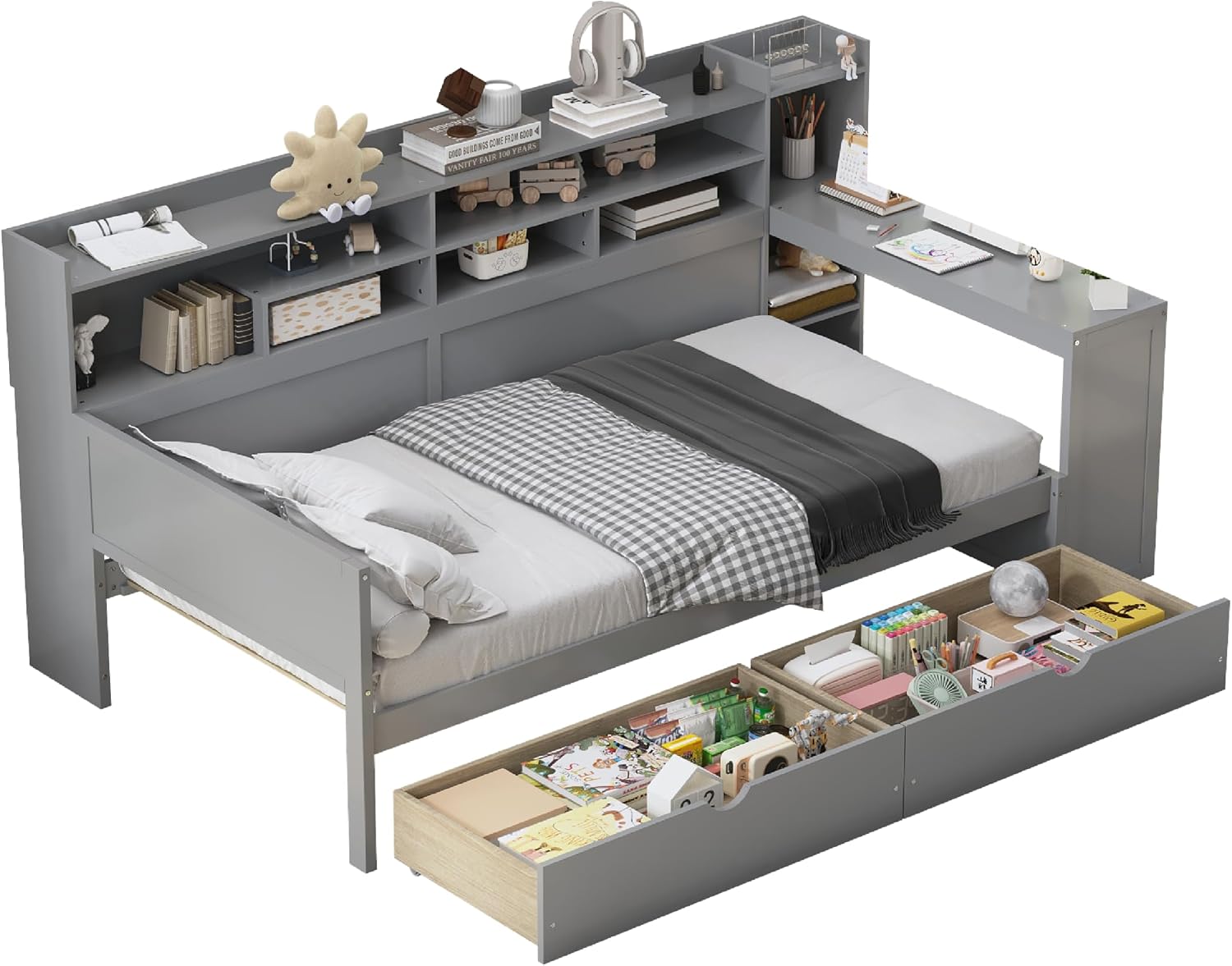 Wooden Twin Size Daybed with Storage Drawers and Shelves Corner Bed Frame with Desk - Grey