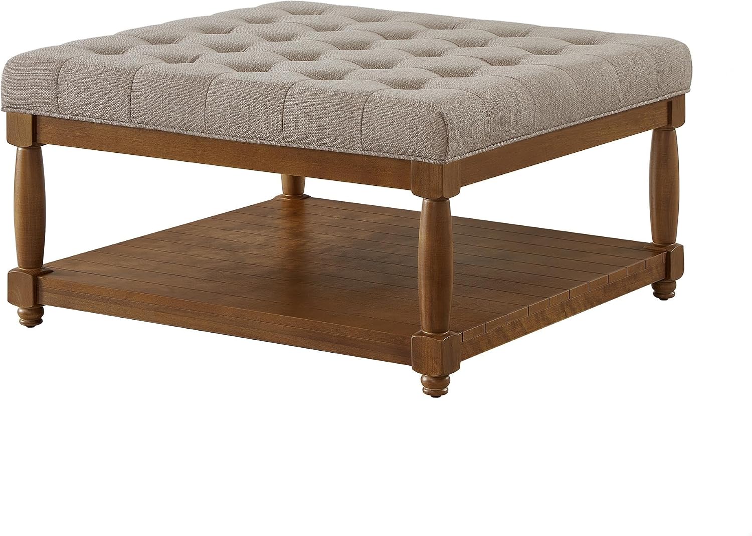 GDFStudio Large Square Upholstered Tufted Linen Ottoman Coffee Table with Solid Wood Frame and Open Storage Shelf, Nailhead Trim Accent Footrest for Living Room, Linen